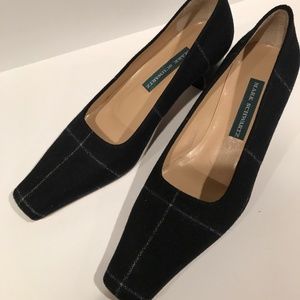 MARK SCHWARTZ Blue Plaid Wool Leather Pumps
